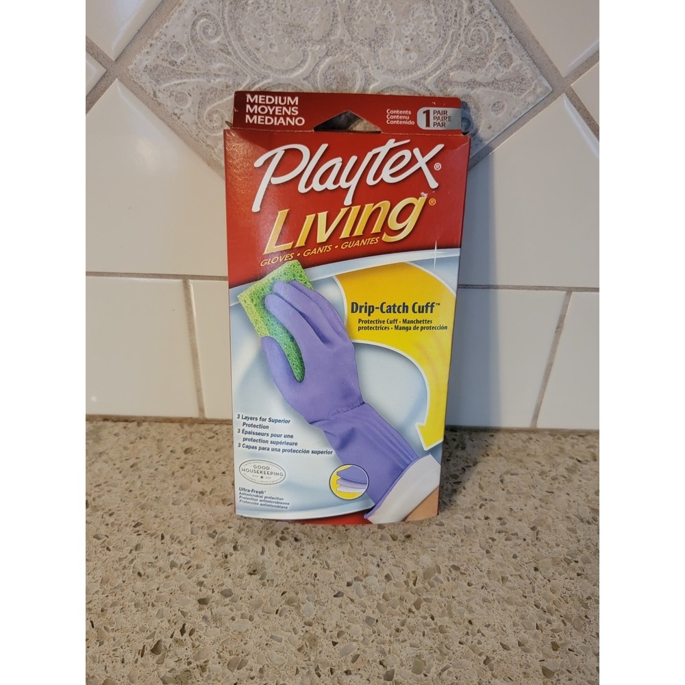 Playtex Living Gloves Purple Size Medium Drip Catch Cuff 3 Layer Protection NEW